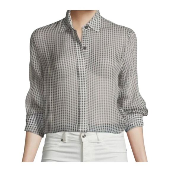 Theory Silk Gingham Button Down Blouse Women XL Black White Sheer Popover Career - Picture 8 of 8